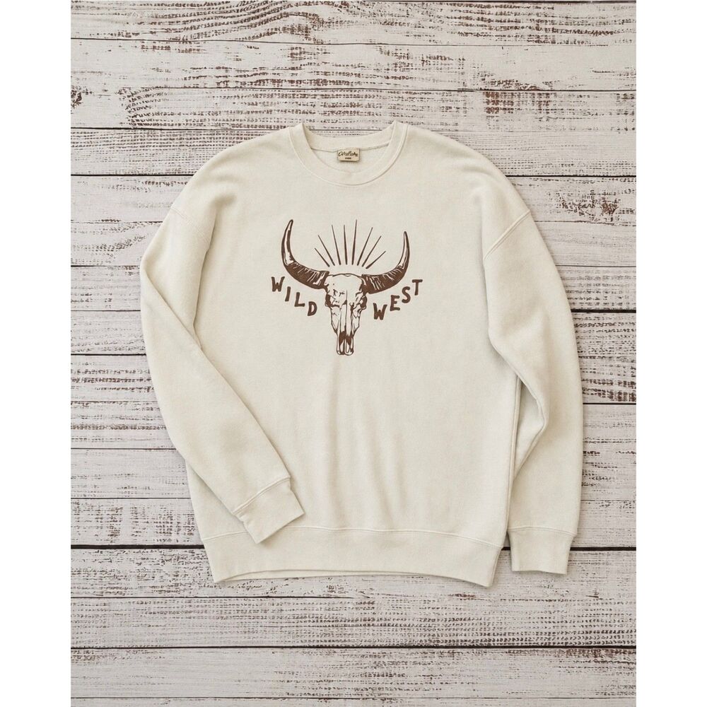Oat Collective Western Graphic Crewneck, Wild West Buffalo Skull Sweatshirt